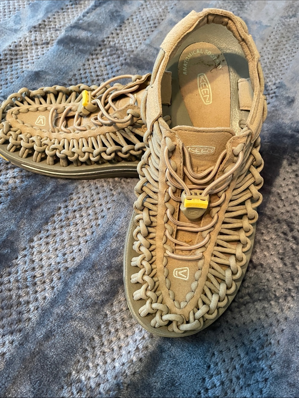 Keen Tan Woven Cord Slip-On Sandals with Yellow Toggle